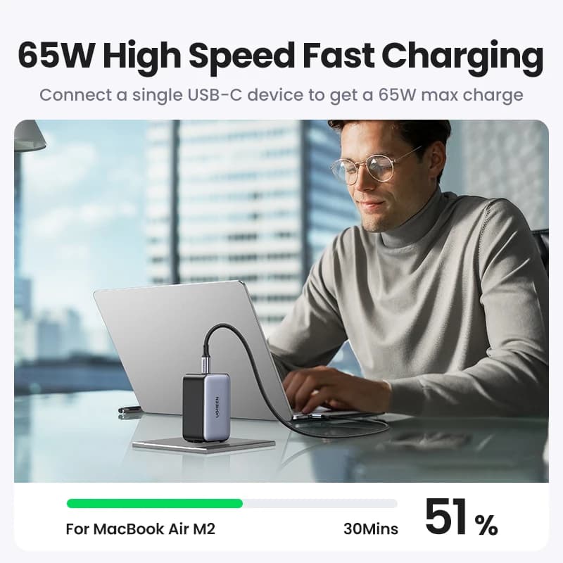 UGREEN 65W GaN Charger Quick Charge 4.0 3.0 USB C Charger for iPhone 17 16 15 Pro Max Laptop Macbook Air Tablet PD Fast Charger - 4
