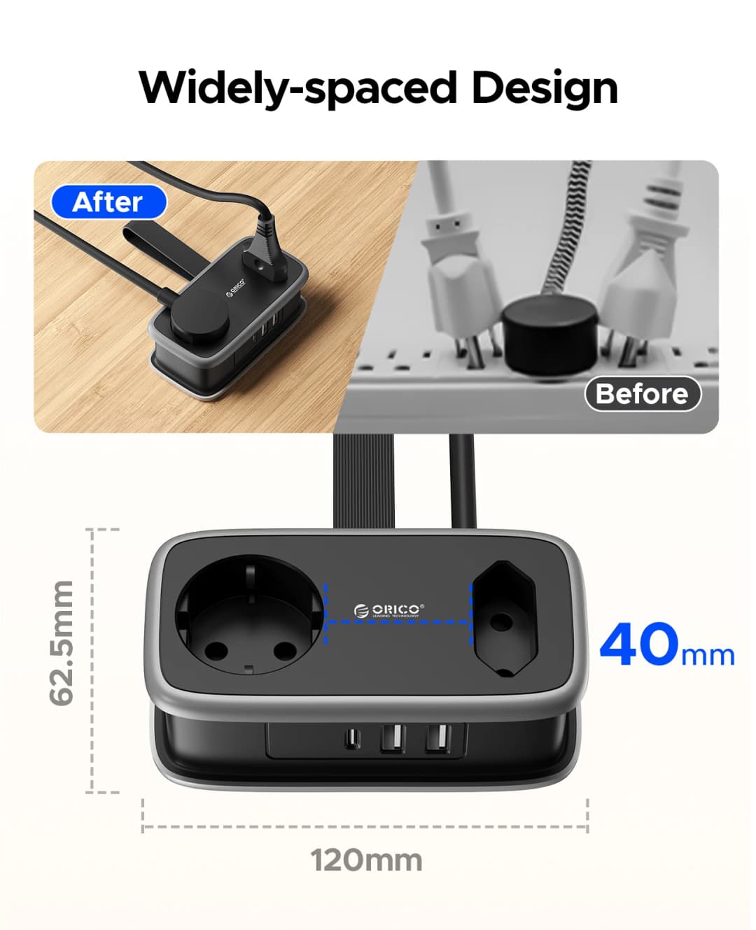 شريط طاقة ORICO للسفر مع قابس EU ذكي، مقبس متعدد، سلك تمديد 3.6 قدم، محطة شحن 5 منافذ USB A و Type C، حامل محول - 4