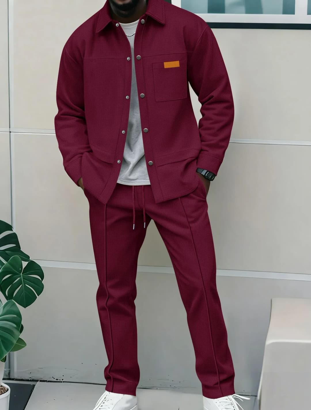 2026 Men's New Style Waffle Plain Color Collar Button-Down Pockets Long-Sleeved Pants Casual Jacket Set - 6