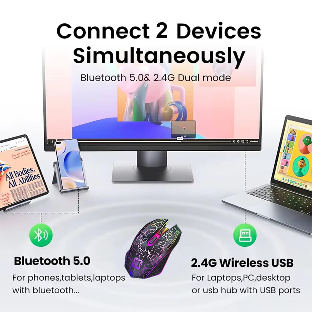 ماوس لاسلكي بلوتوث 5.2 ماوس ألعاب RGB ماوس صامت ماوس قابل لإعادة الشحن 800-1200-1600 DPI ماوس للكمبيوتر المحمول ماك بوك - 3