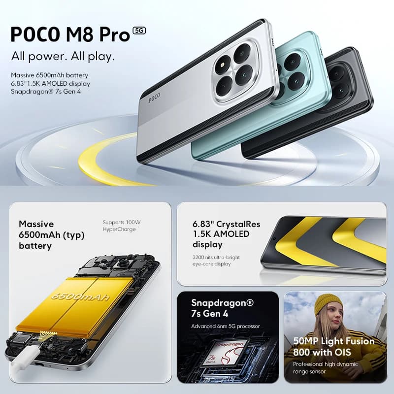 هواتف محمولة POCO M8 Pro 5G نسخة عالمية بمعالج Snapdragon 7s Gen 4 بشاشة 6.83 بوصة بدقة 1.5K ومعدل تحديث 120 هرتز وبطارية 6500 مللي أمبير وسعة شحن 100 واط وNFC - 3