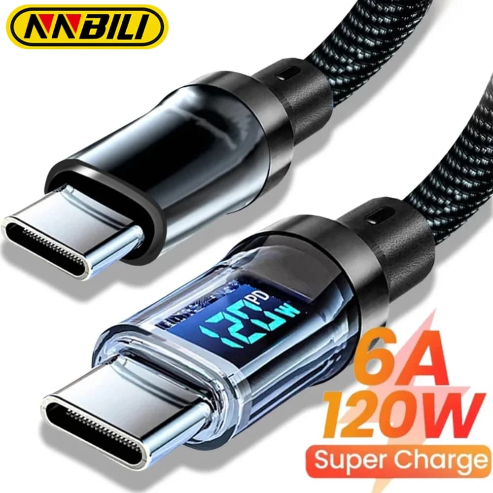 كابل شحن سريع جدًا للهاتف من NNBILI بقوة 120 واط من نوع A-C وC-C مع شاشة عرض LED، غير متوافق مع هواتف شاومي وآيفون وسامسونج