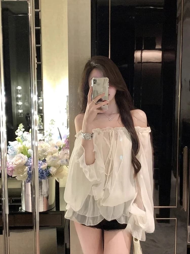 White One-Shoulder Long-Sleeve Chiffon Shirt Women's Summer High-End Pure Desire Unique Beautiful Top French Style Loose Fit - 5