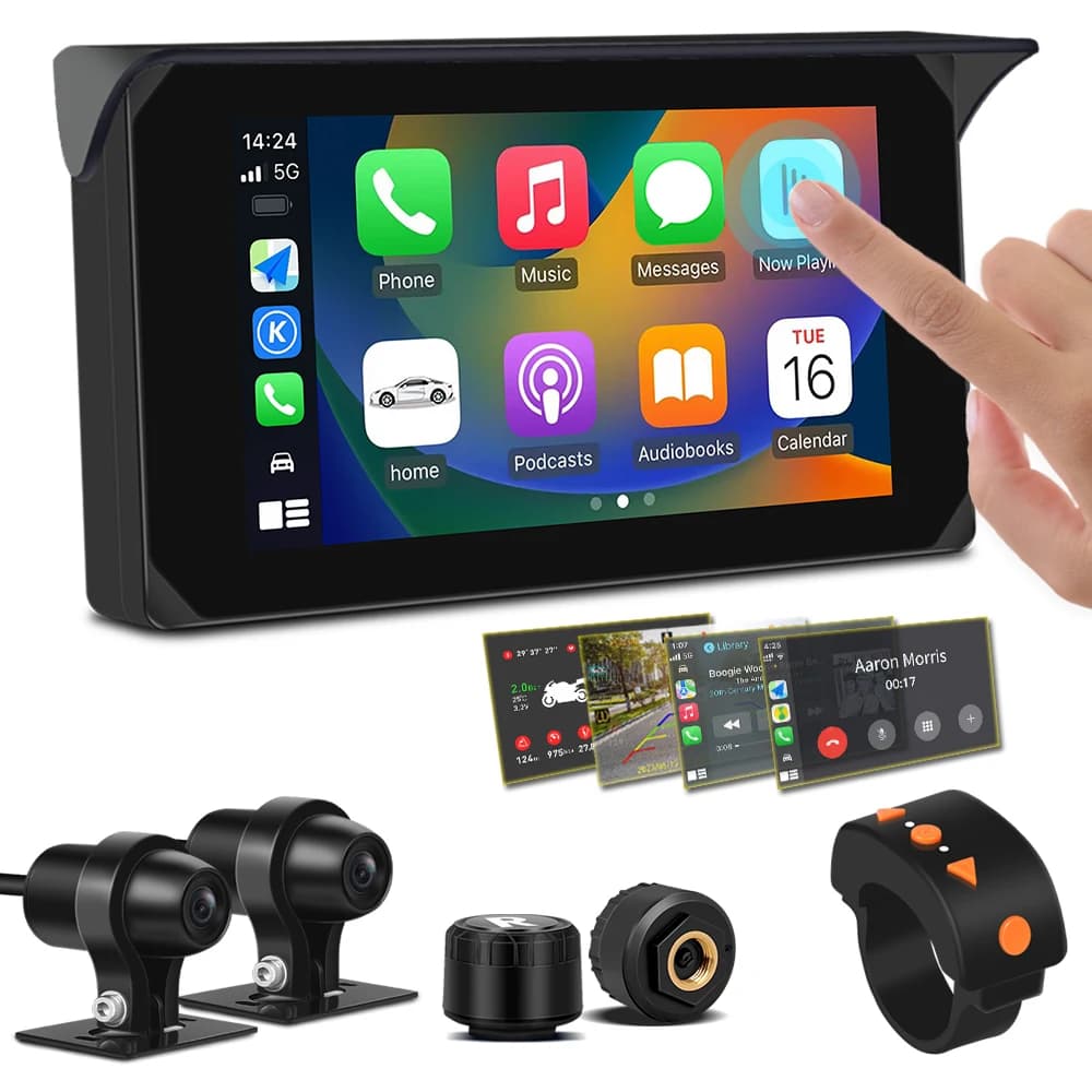 VSYS كاميرا دراجة نارية بدعم Carplay وAndroid Auto، شاشة لمس 5.0 بوصة، كاميرات مزدوجة 1080P مقاومة للماء، TPMS، وضع ركن السيارة، تطبيق واي فاي