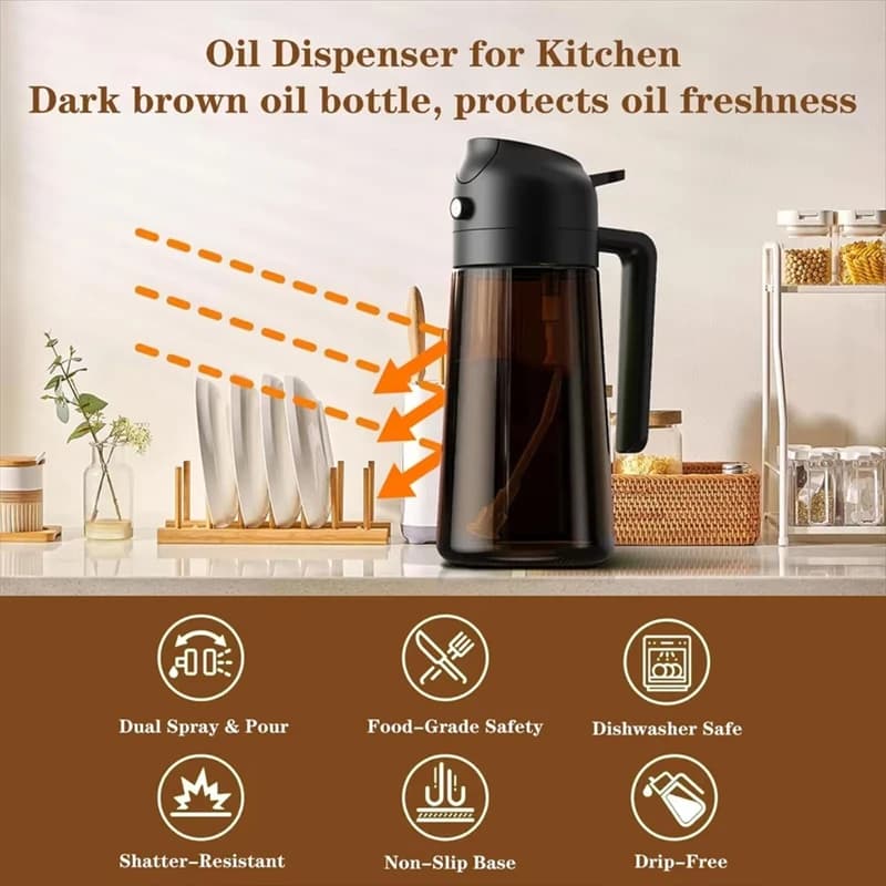 2-in-1 16oz 470ml Brown Glass Oil Sprayer Leakproof Eco-Friendly Olive Oil Dispenser Perfect for Cooking BBQ Grill Air Fryer - 2