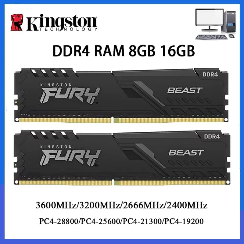 ذاكرة رام Kingston BEAST DDR4 بتردد 3200 ميجاهرتز و2666 ميجاهرتز و3600 ميجاهرتز و2400 ميجاهرتز، سعات 8 جيجابايت و16 جيجابايت و4 جيجابايت، ذاكرة سطح مكتب للألعاب PC4-25600 وPC4-19200، 288Pin DIMM DDR4 RAM