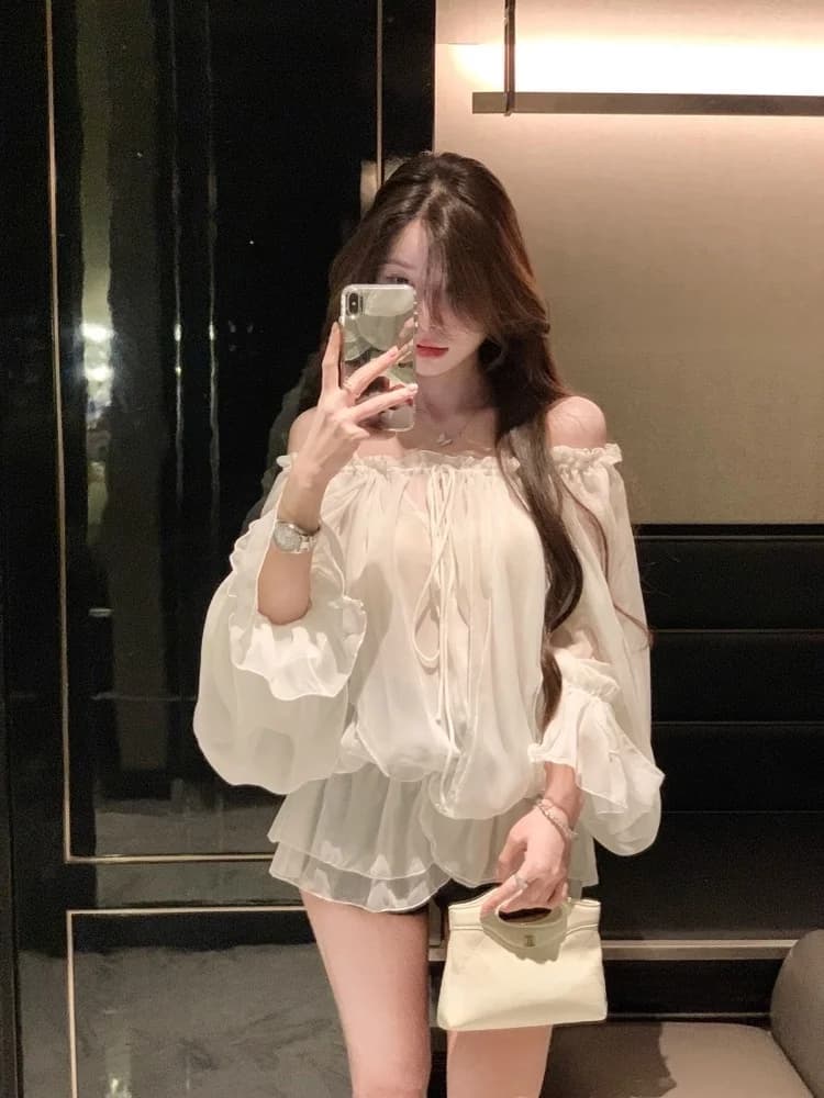 White One-Shoulder Long-Sleeve Chiffon Shirt Women's Summer High-End Pure Desire Unique Beautiful Top French Style Loose Fit - 3