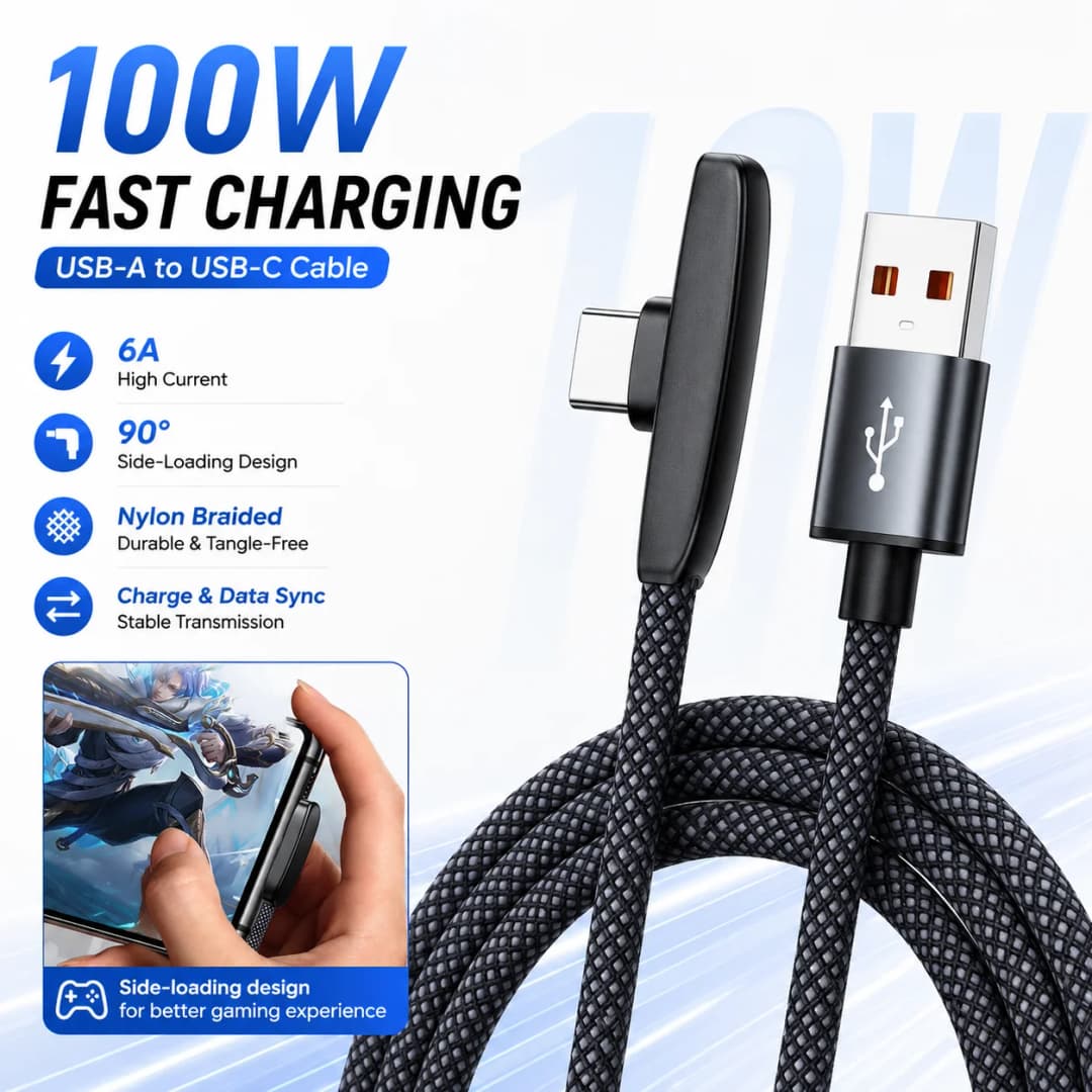 كابل ألعاب Type C 100W 6A، زاوية 90 درجة USB A إلى USB C نيلون مضفر شحن سريع كابل بيانات لسامسونج شاومي هواوي