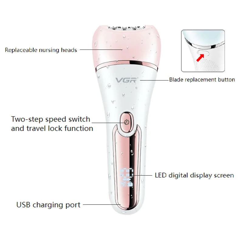 جهاز إزالة الشعر الكهربائي الأصلي VGR للنساء مزيل شعر الساق والجسم والشفاه والذقن مزيل شعر البيكيني للسيدات مزيل شعر الوجه - 3