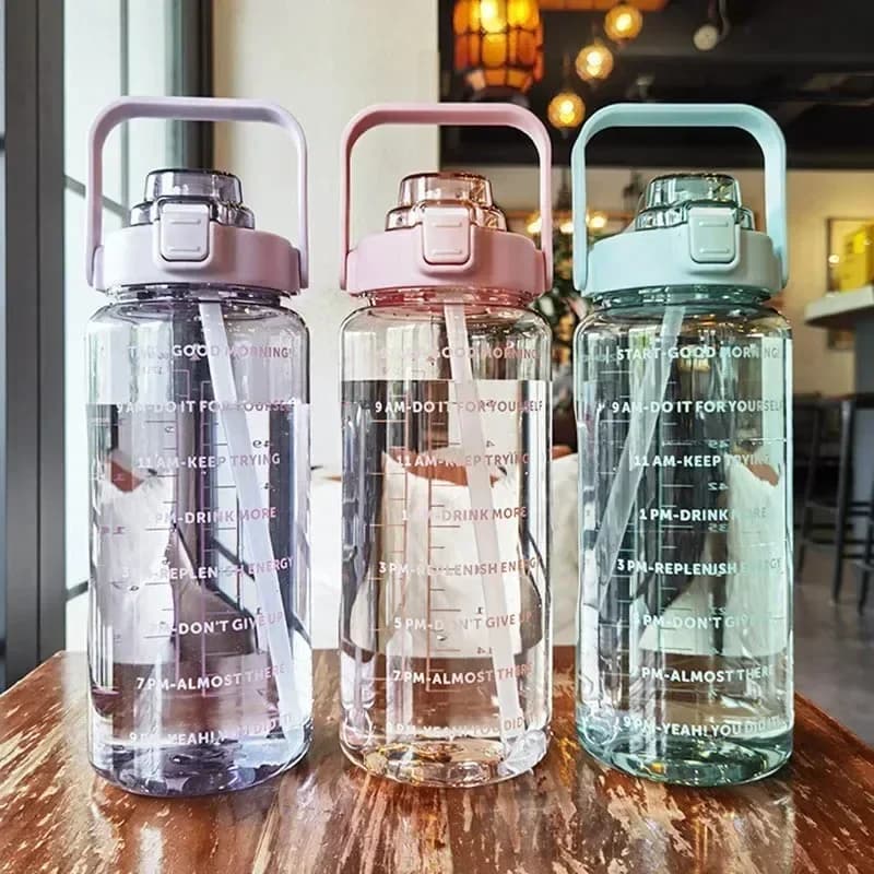 2L Sports Water Bottle Extra Large Capacity Plastic Drink Bottle WithStraw and Time MarkerSuitable for Gym/OutdoorSportsReusable