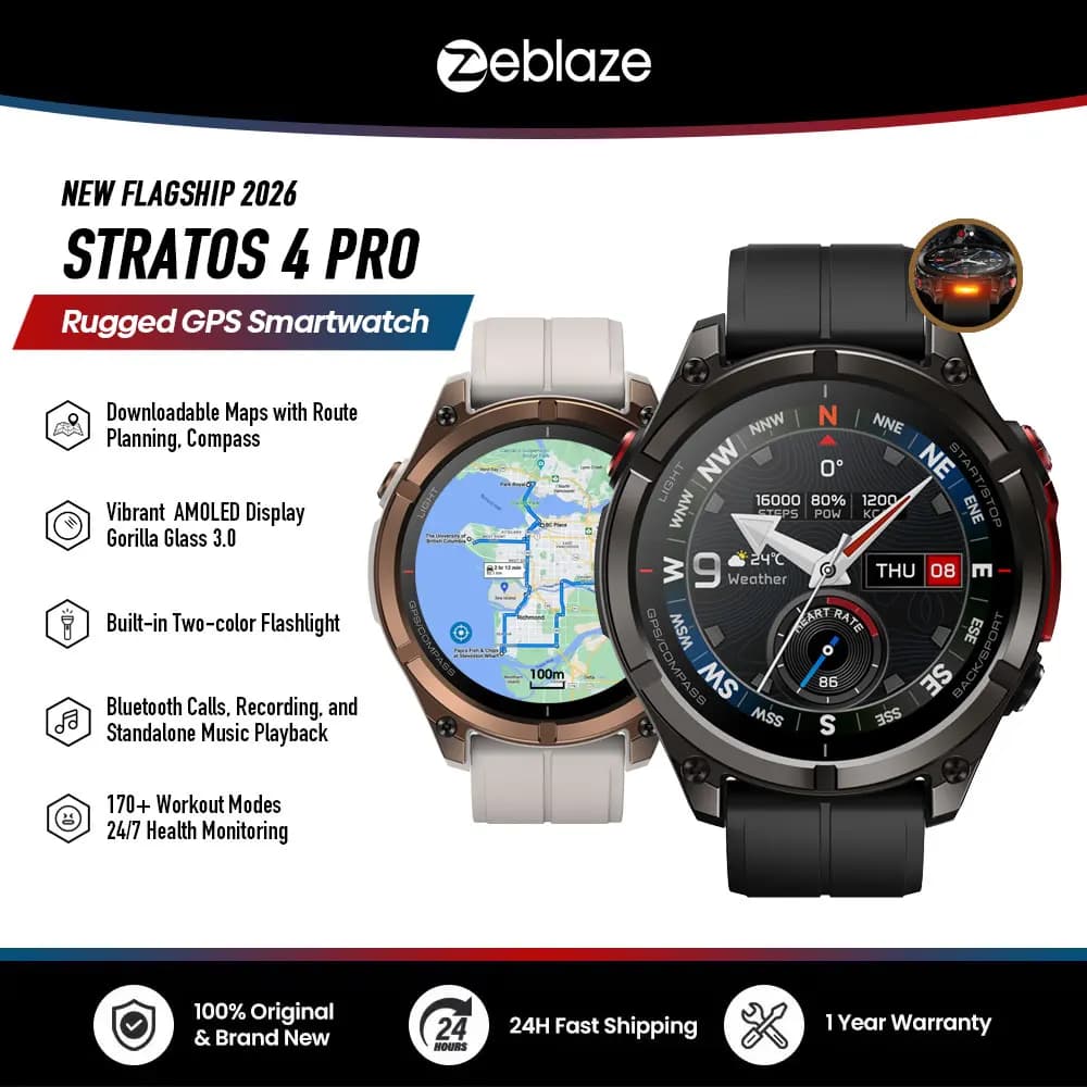 ساعة ذكية زيبليز ستراتوس 4 برو، GPS، شاشة AMOLED، تنزيل خرائط مجاني، كشاف ضوئي بلونين، تخزين موسيقى