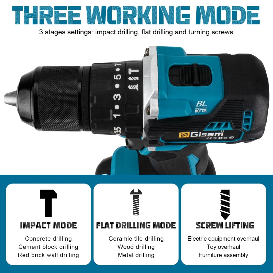 Gisam 65N.m 13MM 35+3 Torque Brushless Electric Impact Drill Cordless Electric Screwdriver Power Tool For Makita 18V Battery Pin - 6