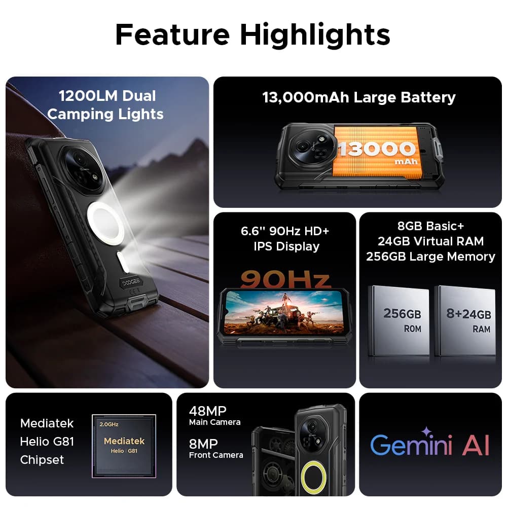 الإصدار العالمي DOOGEE Fire 5 هاتف متين للغاية 32 جيجابايت+256 جيجابايت بطارية 13000 مللي أمبير معالج Mediatek Helio G81 شاشة 6.6 بوصة كاميرا 48 ميجابكسل إضاءة تخييم - 2