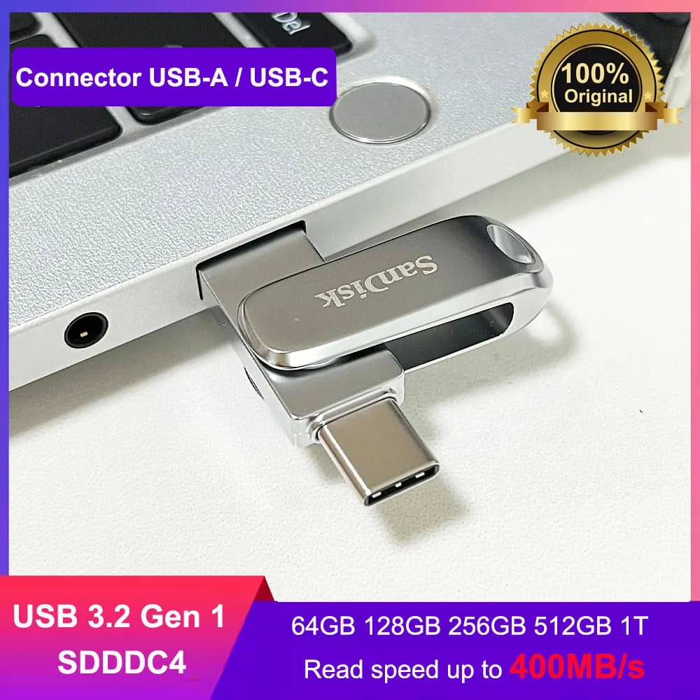 SanDisk Ultra Dual Drive Luxe USB Type-c بسعة 32 جيجابايت و64 جيجابايت و128 جيجابايت و256 جيجابايت و512 جيجابايت، USB 3.2 Gen 1، فلاش درايف معدني للهاتف من النوع C OTG
