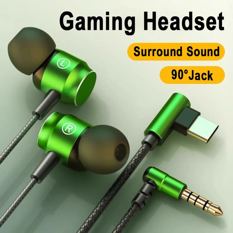 سماعات ألعاب سلكية بجاك 90 درجة، صوت محيطي HiFi مع ميكروفون، سماعات موسيقى 3.5mm Type C لهواتف سامسونج S24 وS23 وآيفون 15