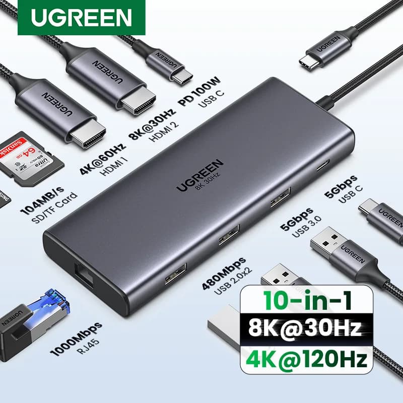 محول HDMI مزدوج من UGREEN مع منفذ USB-C يدعم 8K و4K ومقسم 10 في 1 مع منفذ RJ45 وUSB 3.0 وPD 100 واط لأجهزة ماك بوك برو وأير والكمبيوتر المحمول