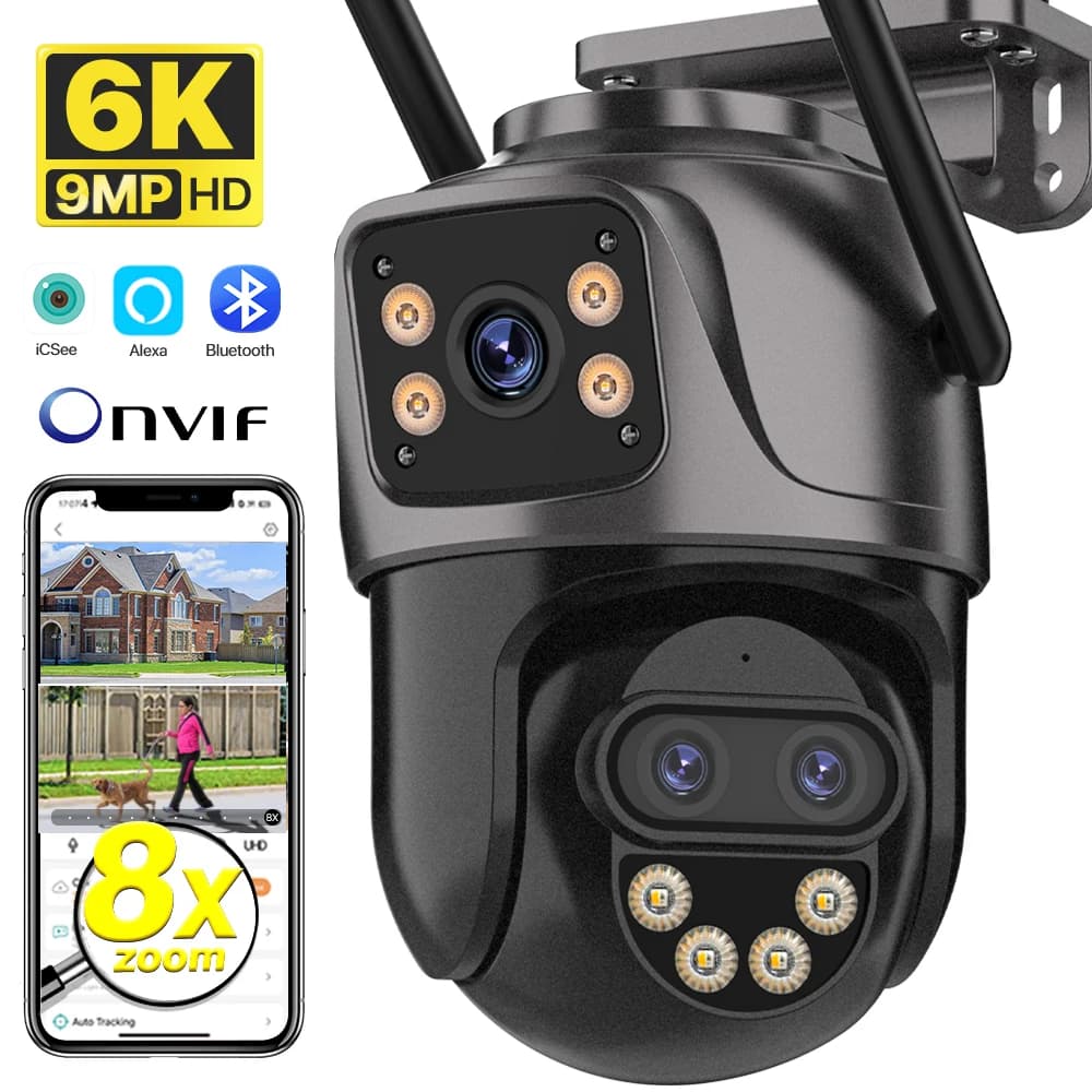 كاميرا IP بدقة 6K 9MP HD بكاميرا خارجية WiFi تكبير 8x ثلاث عدسات شاشة مزدوجة كاميرا أمان منزلية PTZ مراقبة فيديو 6MP iCSee