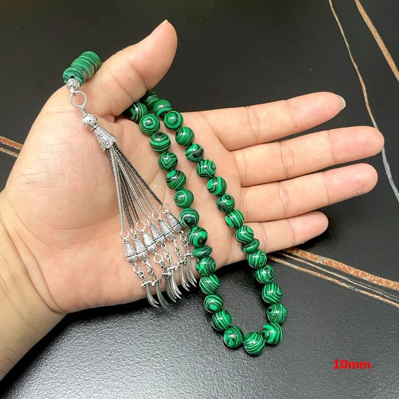 مسبحة صلاة إسلامية للرجال من حجر الملاكيت الأخضر هدية عيد رمضان أسورة مسبحة - 3