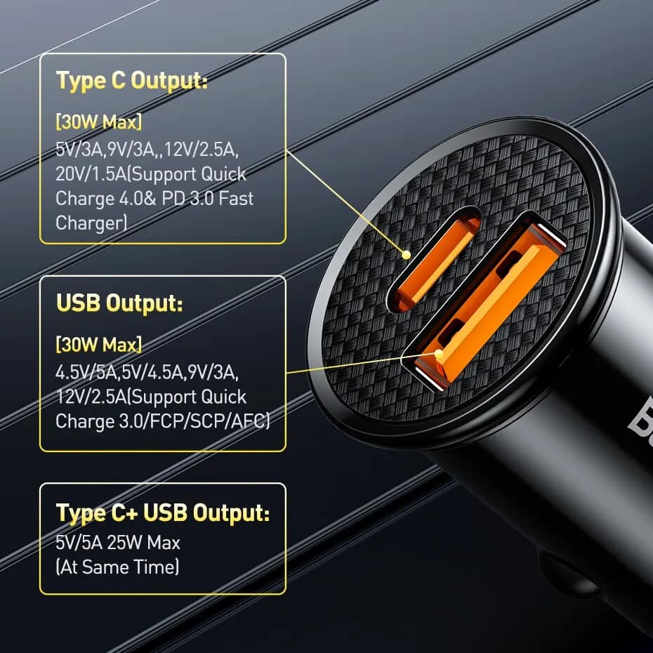 شاحن سيارة Baseus بقدرة 30 واط، شحن سريع 4.0 و3.0 وFCP وSCP وUSB PD، متوافق مع Xiaomi وiPhone 12 و13 و14 Pro، شاحن هاتف سريع للسيارة - 6