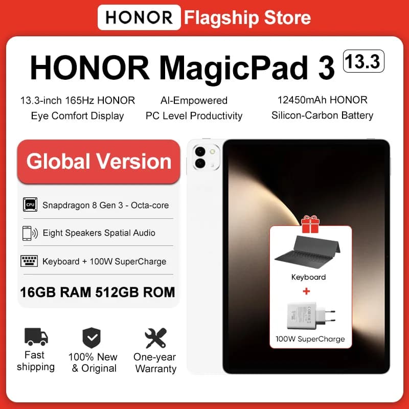جهاز HONOR MagicPad 3 اللوحي الإصدار العالمي 13.3 بوصة بشاشة حماية العين 165 هرتز ومعالج سنابدراجون 8 الجيل 3 وبطارية طويلة الأمد 12450 مللي أمبير في الساعة