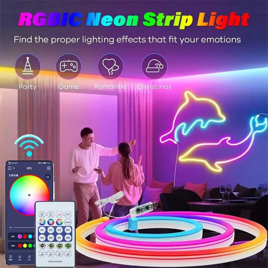 شريط نيون ذكي RGB 5 فولت، تحكم عبر تطبيق أو ريموت، مزامنة مع الموسيقى، مقاوم للماء، مرن، لديكور غرف النوم والحفلات