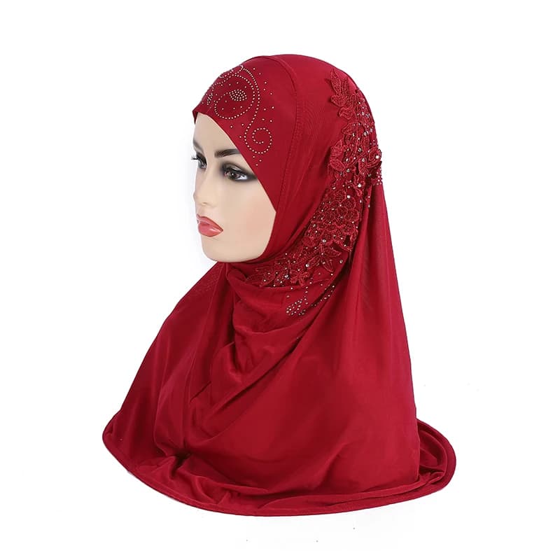 H027 beautiful big gilrs muslim hijab with lace and stones islamic scarf shawl headscarf hat armia pull on wrap ramadan gift - 6
