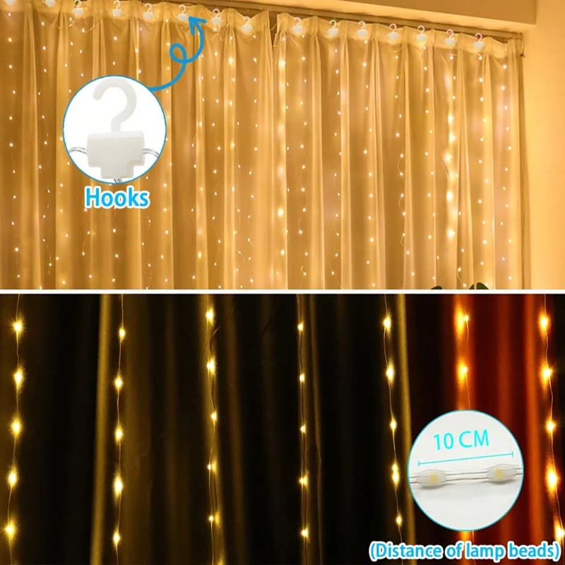 ستائر LED بطول 3/9 متر مع 8 أوضاع، تحكم عن بعد، إضاءة سلسلة للزفاف والعطلات، ديكور لغرف النوم والمعيشة - 6
