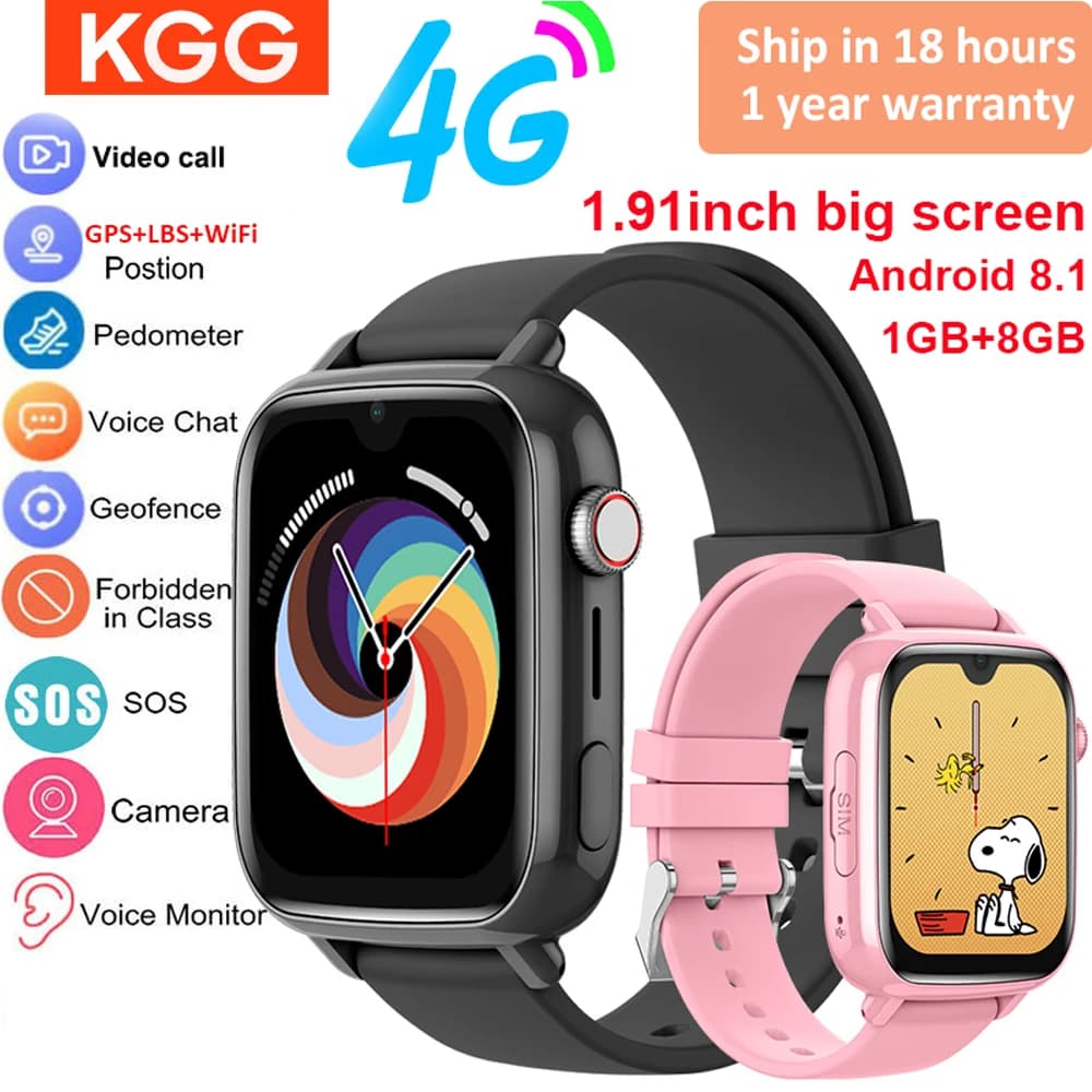 ساعة ذكية للأطفال 4G مع نظام تحديد المواقع GPS وواي فاي وتتبع الموقع ومكالمات الفيديو的双向 ومراقبة الصوت وتطبيق SOS للتنزيل، ساعة هاتف للأطفال، هدايا للأولاد والبنات