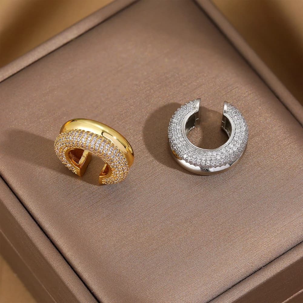 1pcs Delicate CZ Zircon Double Layer C-shape Chunky Cuff Earrings Stainless Steel No Piercing Cartilage Ear Clip Luxury Jewelry - 2