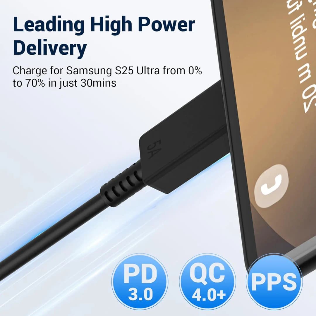 كابل شحن فائق السرعة PD 45 واط 5 أمبير ثنائي USB-C لـ سامسونج S23 S24 S25 بلس نوت 20 ألترا A53 A54 A55 Type-C كابلات شحن سريع - 4