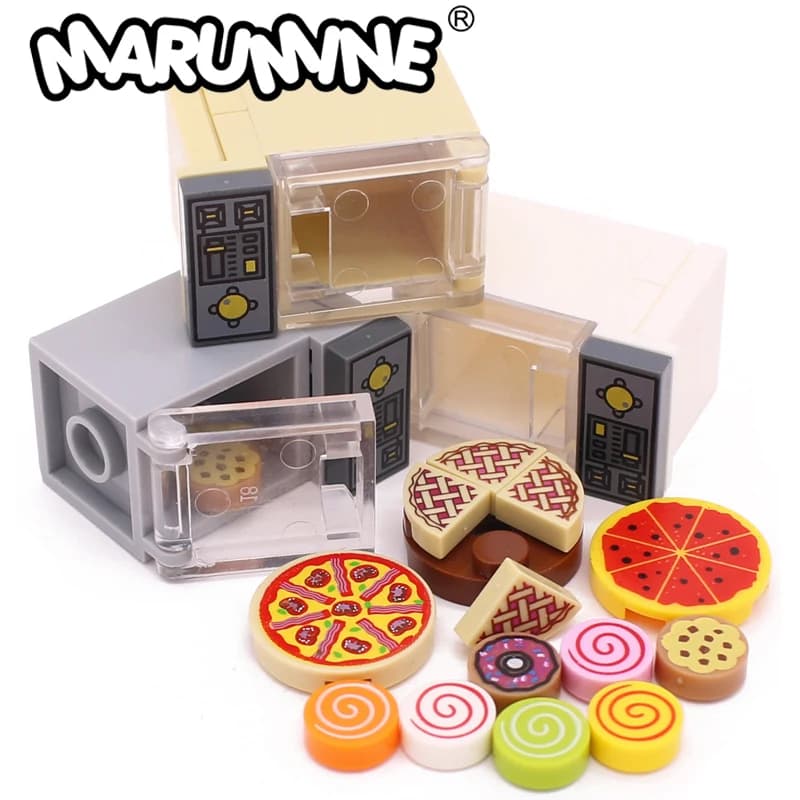 Marumine طوب طعام صغير فرن الأثاث كتل نموذج وجبات خفيفة البيتزا البطاطس المقلية البرغر الشوكولاته الحلوى الكوكيز MOC اكسسوارات اللعب