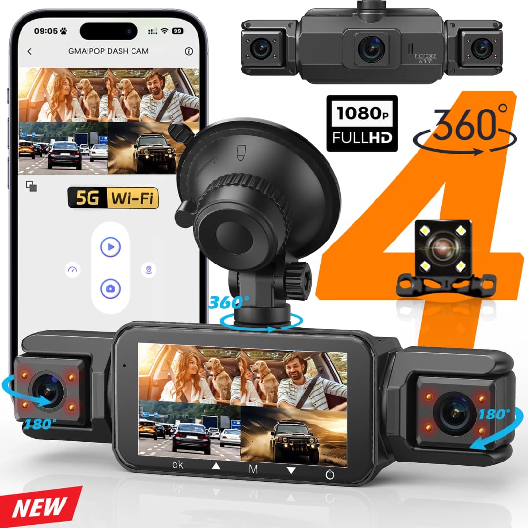 داشكام للسيارات 4 قنوات مع واي فاي وكاميرا قيادة FHD 1080P ورؤية ليلية وتسجيل حلقي وإكسسوارات إضافية