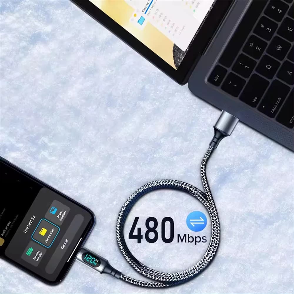 NNBILI 6A 120W USBA إلى النوع C كابل شحن سريع للغاية سلك بيانات نايلون لشاومي POCO سامسونج مع كابل شاشة ديجيتال Led - 3