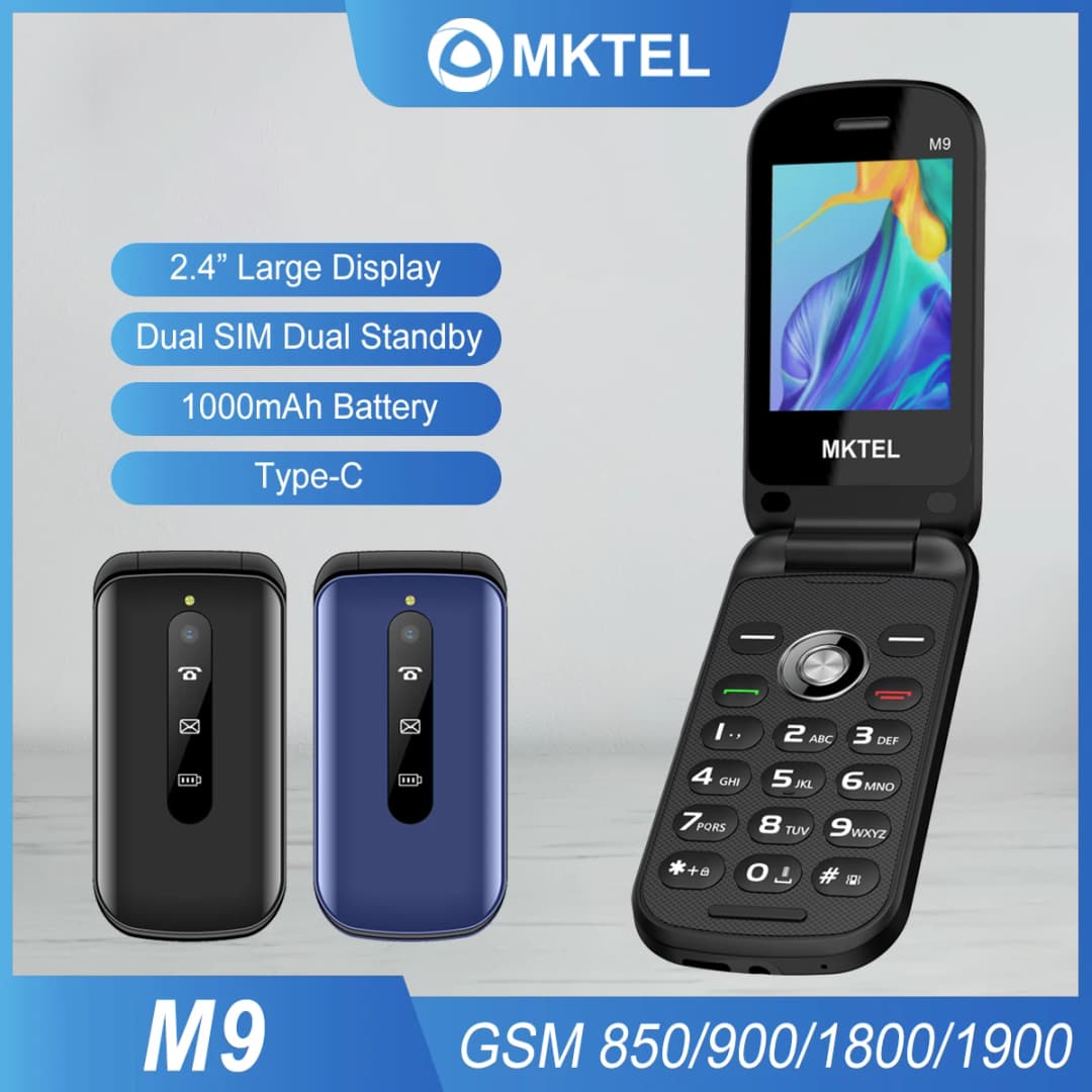 MKTEL M9 هاتف محمول قابل للطي بشاشة 2.4 بوصة، بطارية 1000 مللي أمبير، ثنائي الشريحة، وضع استعداد مزدوج، يدعم MP3/MP4/راديو FM، غير مقفول، هاتف المسنين المميز