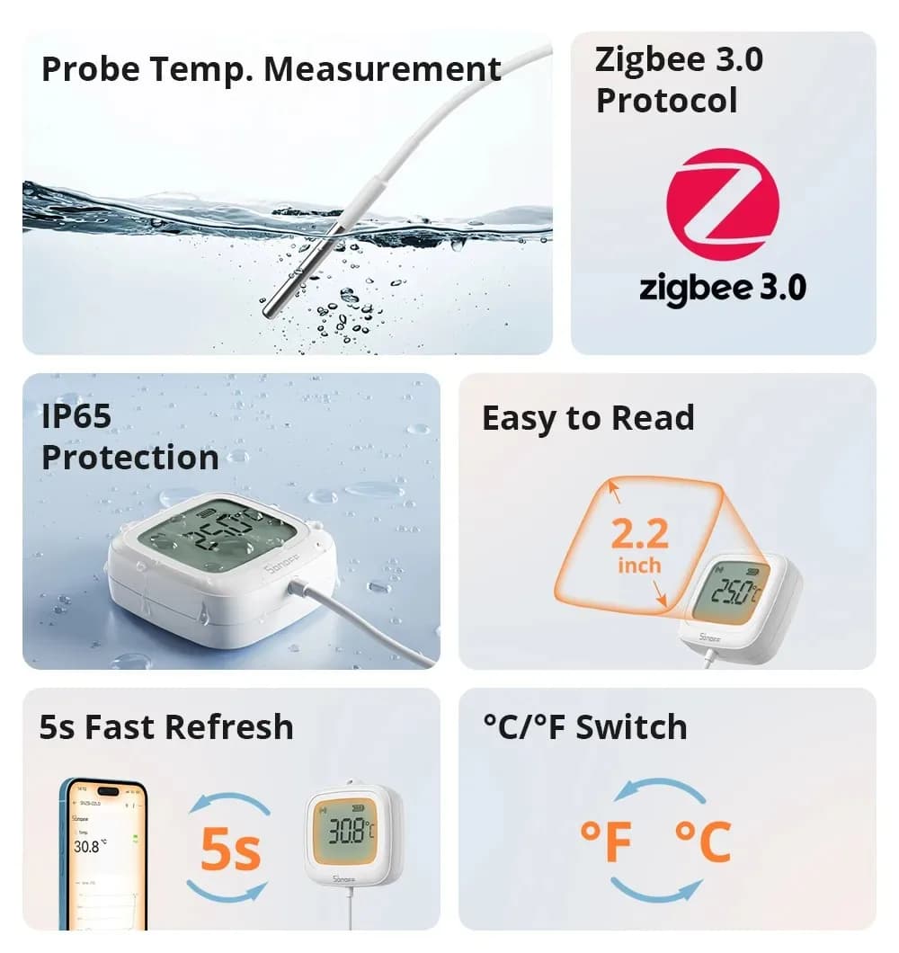 سونوف SNZB-02LD ميزان حرارة زيجبي مع مسبار مقاوم للماء IP65 للثلاجة وحوض السمك وخزان الأسماك وقبو النبيذ يحتاج إلى هاب - 6