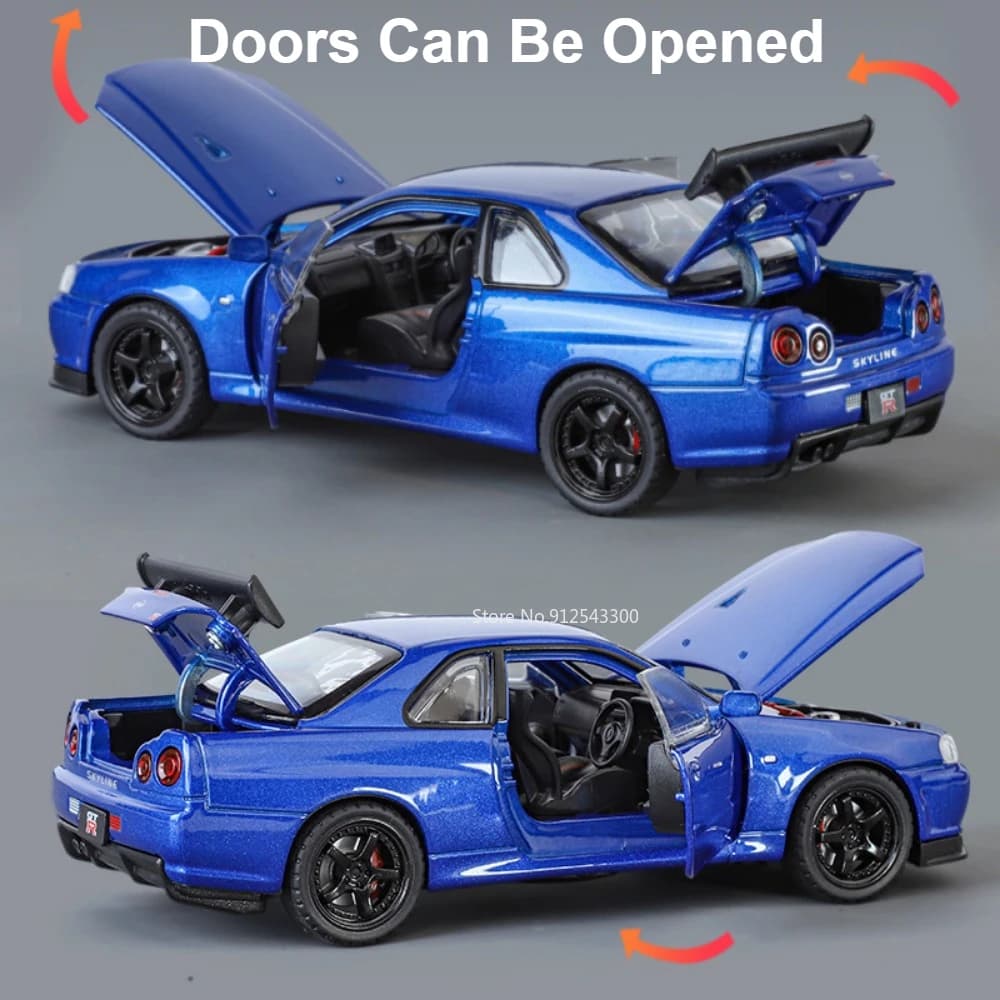 نموذج سيارة SKYLINE GTR R34 مقياس 1:32، معدن مصبوب مع موسيقى وإضاءة وأبواب قابلة للفتح - 5