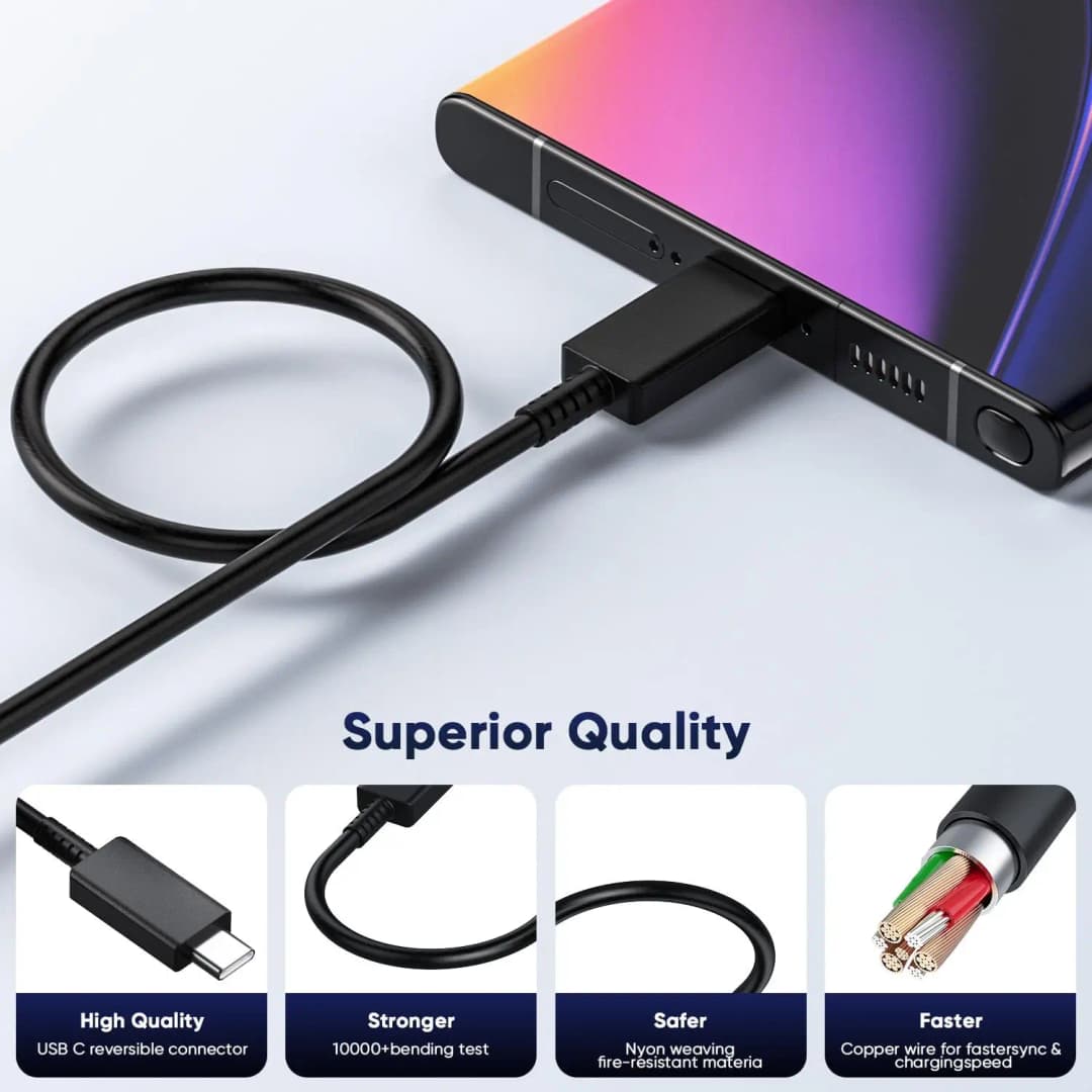 كابل شحن فائق السرعة PD 45 واط 5 أمبير ثنائي USB-C لـ سامسونج S23 S24 S25 بلس نوت 20 ألترا A53 A54 A55 Type-C كابلات شحن سريع - 5