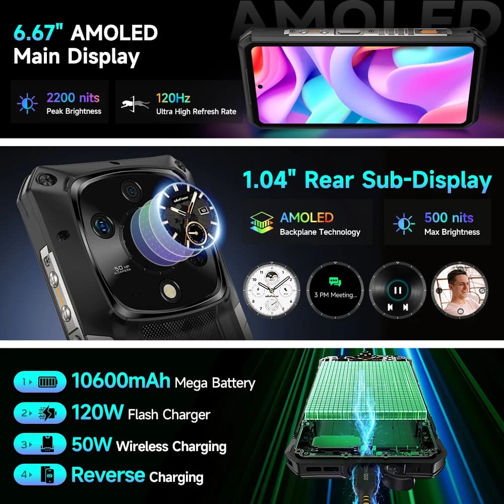 【عرض عالمي】 هاتف Ulefone Armor 28 Ultra 5G AI متين بسعة تخزين 1 تيرابايت وذاكرة 32 جيجابايت وشاشة AMOLED مقاس 6.67 بوصة وبطارية 10600 مللي أمبير بنظام أندرويد - 4