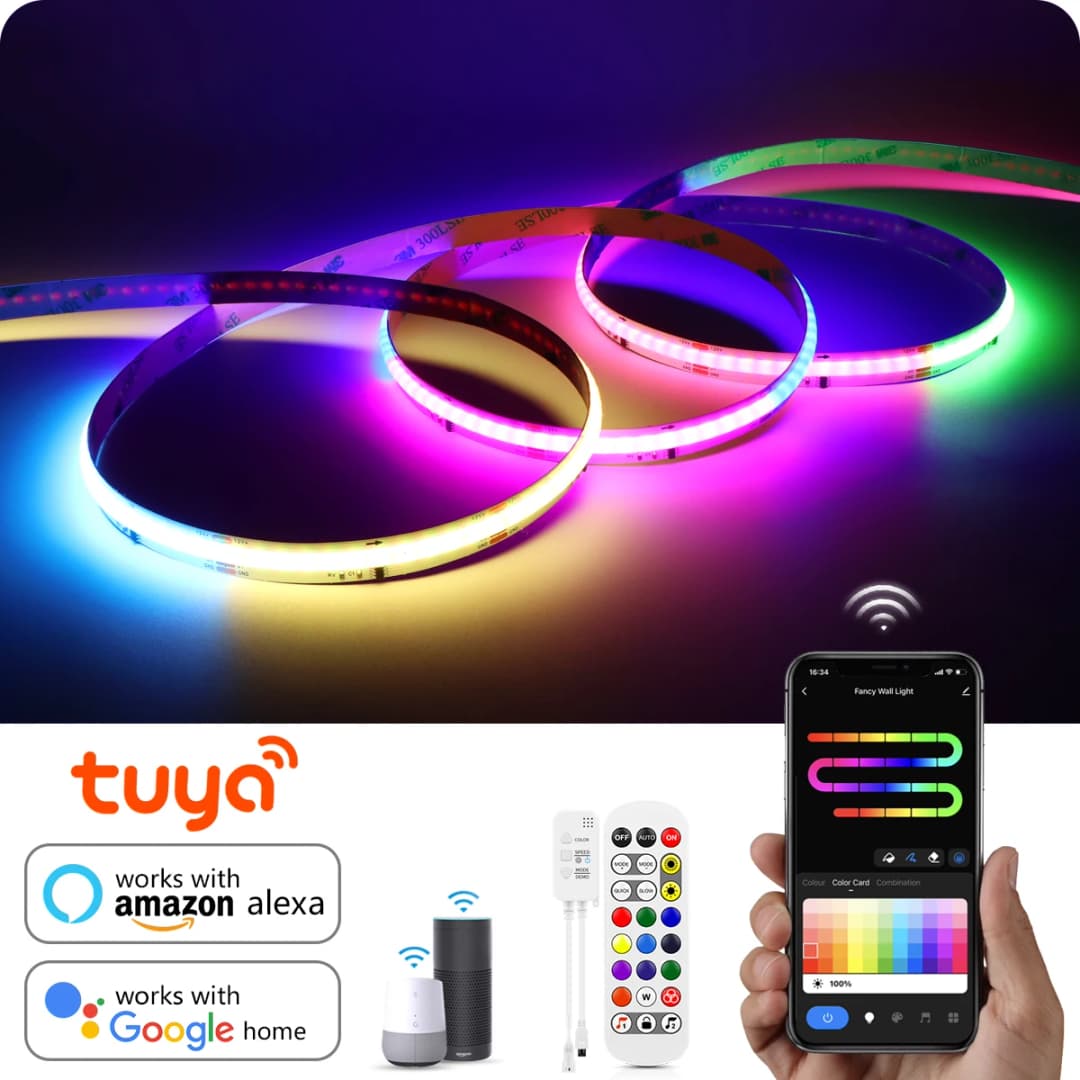 شريط إضاءة ليد ذكي من تيا واي فاي RGBIC COB قابل للعنونة WS2811 IC مرن RGB نيون ليد 12V تحكم بالتطبيق لأليكسا وجوجل
