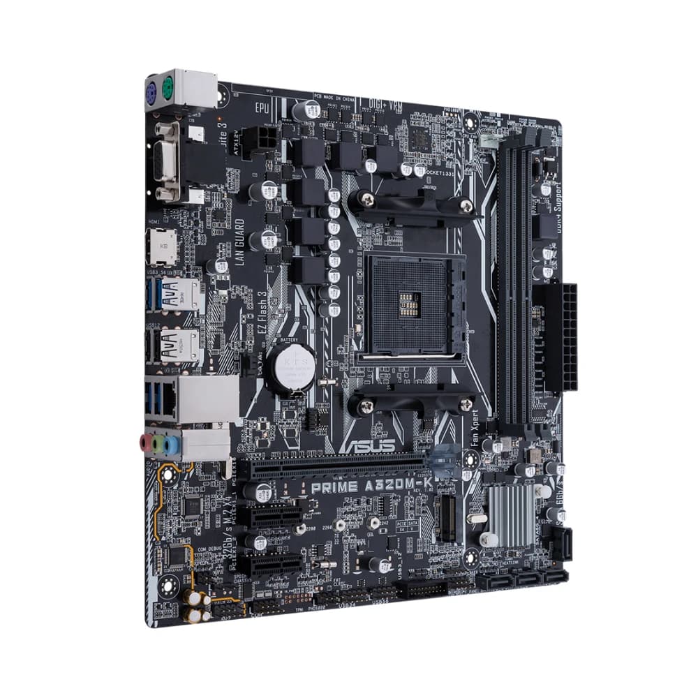 لوحة أم ASUS PRIME A320M-K تدعم معالجات AMD AM4 مثل R5 5600 و 3500X و R7 5700X و 1800X و R3 3200G و R9 5950X مع 4 منافذ DDR4 بسعة 128 جيجابايت ومنافذ HDMI و DVI بحجم mATX - 2