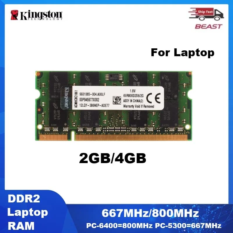 ذاكرة كمبيوتر محمول Kingston DDR2 RAM SODIMM سعة 4 جيجابايت و2 جيجابايت بتردد 667 ميجاهرتز PC2-5300S و800 ميجاهرتز PC2-6400S غير ECC غير مخزنة 1.8V