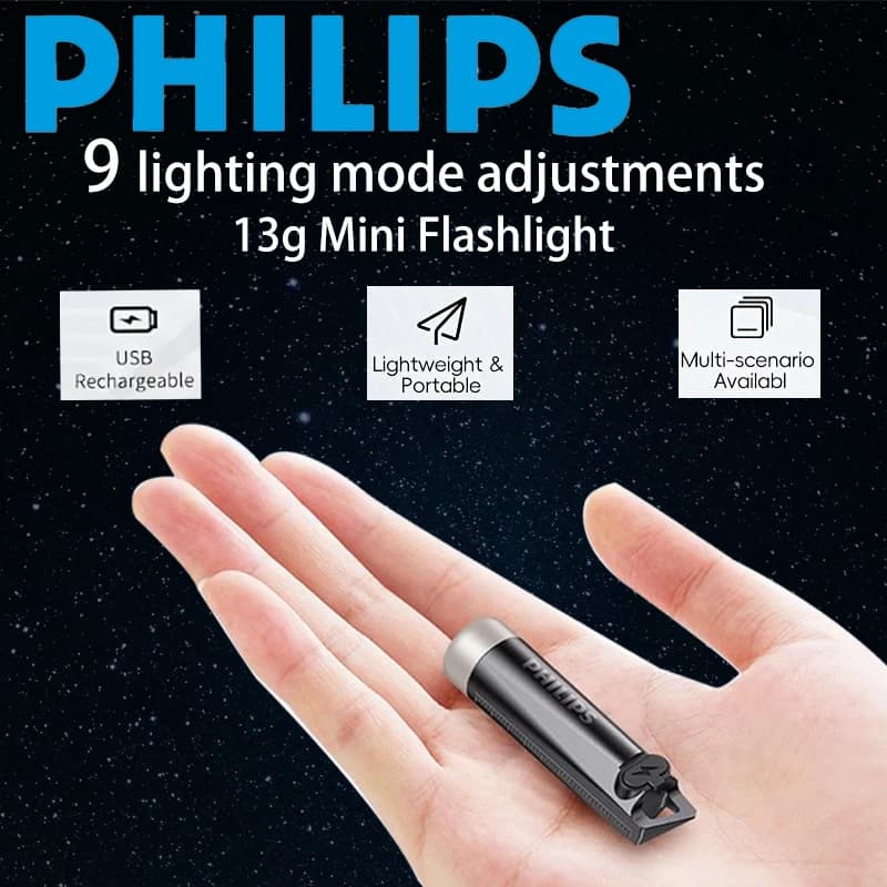PHILIPS 2025 NEW SFL1121 مصباح يدوي EDC صغير قابل لإعادة الشحن مع سلسلة مفاتيح، مصباح تخييم محمول للمشي والدفاع عن النفس