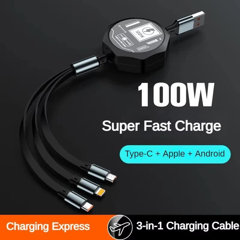 كابل USB قابل للسحب 3 في 1، شحن سريع 100 واط، مايكرو USB، Type-C، أندرويد، مناسب لهواتف آيفون وشاومي وهواوي وسامسونج