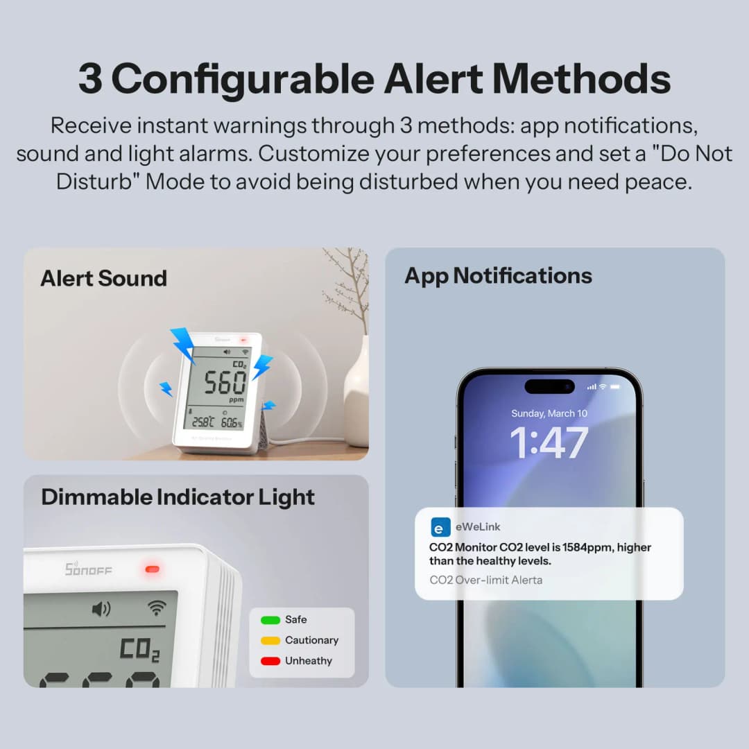 SONOFF AirGuard مراقب جودة الهواء CO2 عبر WiFi SAWF-08P مقياس درجة الحرارة والرطوبة إنذار صوت وضوء بيانات تاريخية - 6