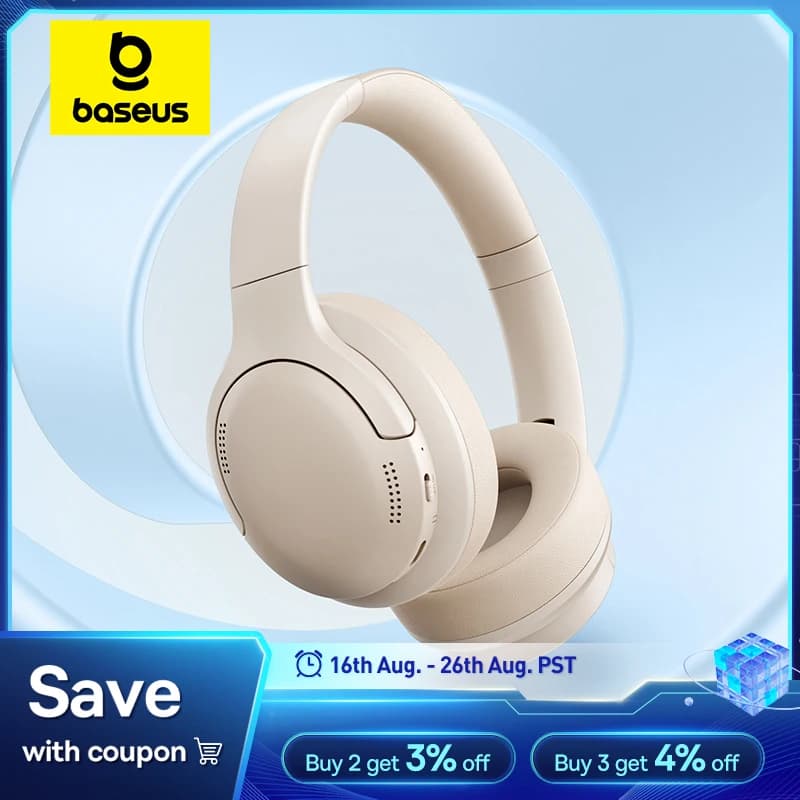 سماعات رأس لاسلكية من Baseus بلوتوث 5.3 سماعة أذن بمستوى HIFI مشغل 40mm سماعات فوق الأذن قابلة للطي صوت مكاني لمدة 70 ساعة