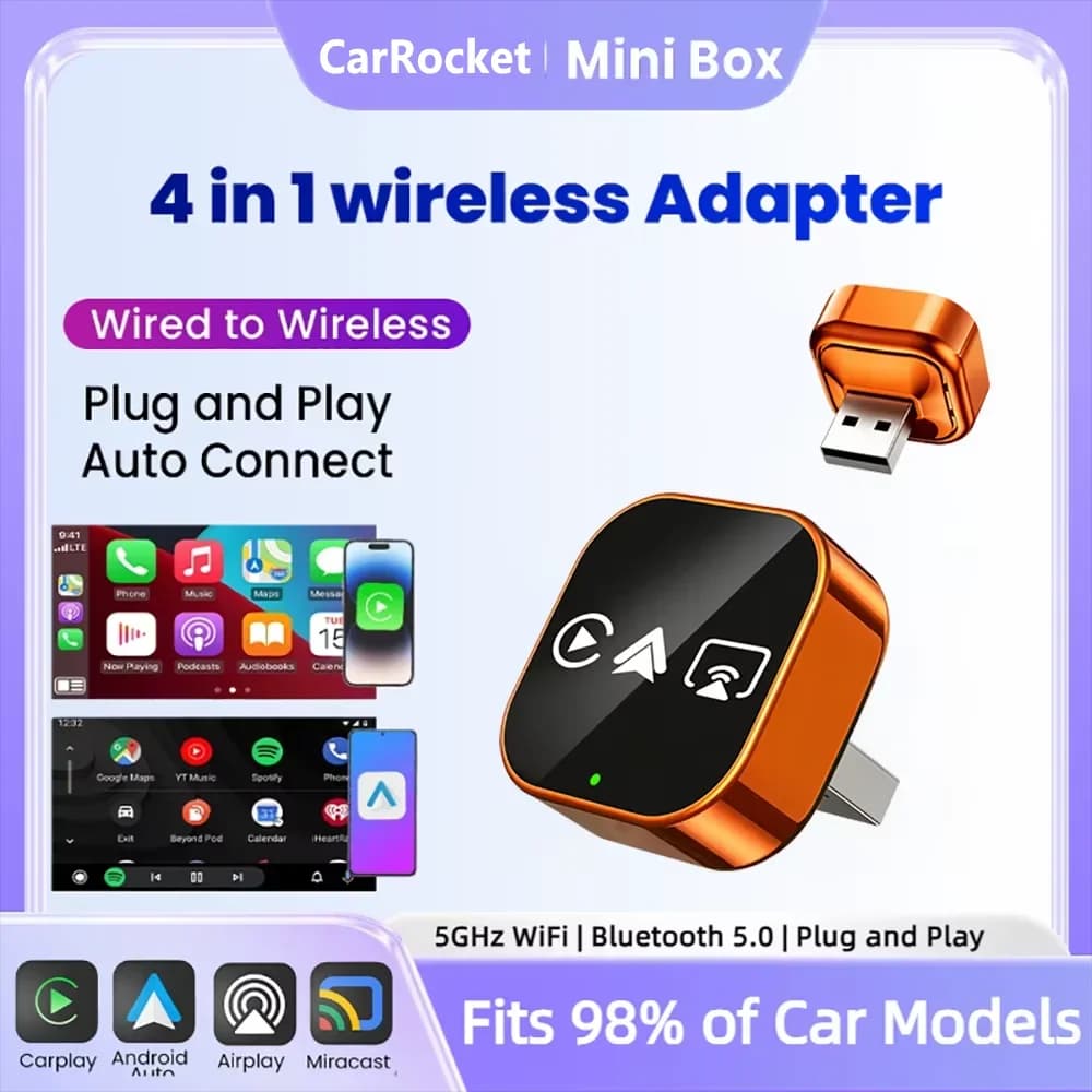 محول CarRocket 4 في 1 من سلكي إلى لاسلكي لسيارات Android Auto مع رابط مرآة وصندوق ذكي Mini Ai USB تشغيل فوري عبر Bluetooth وWiFi