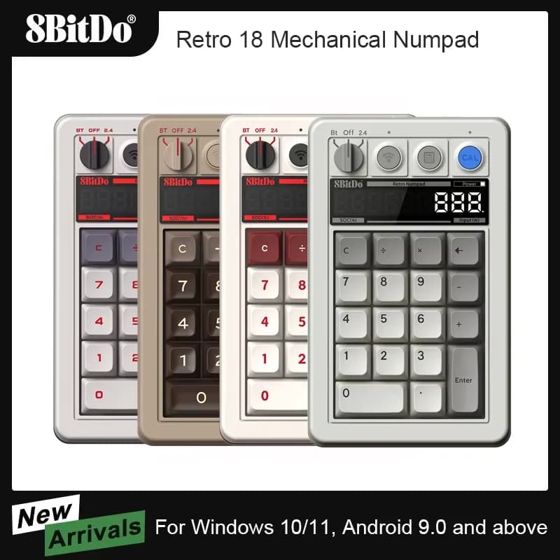 8BitDo لوحة أرقام ميكانيكية Retro 18، تدعم وضع الآلة الحاسبة، لوحة أرقام بلوتوث/2.4G/سلكية لWindows وأندرويد