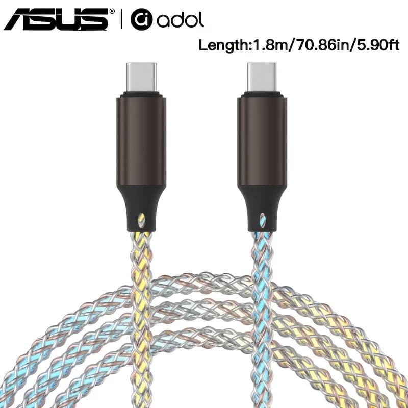 كابل بيانات إضاءة تدرجية مضيئة RGB للشحن السريع من ASUS بقوة 66 واط TYPE-C لشحن iPhone 15 وXiaomi وSamsung