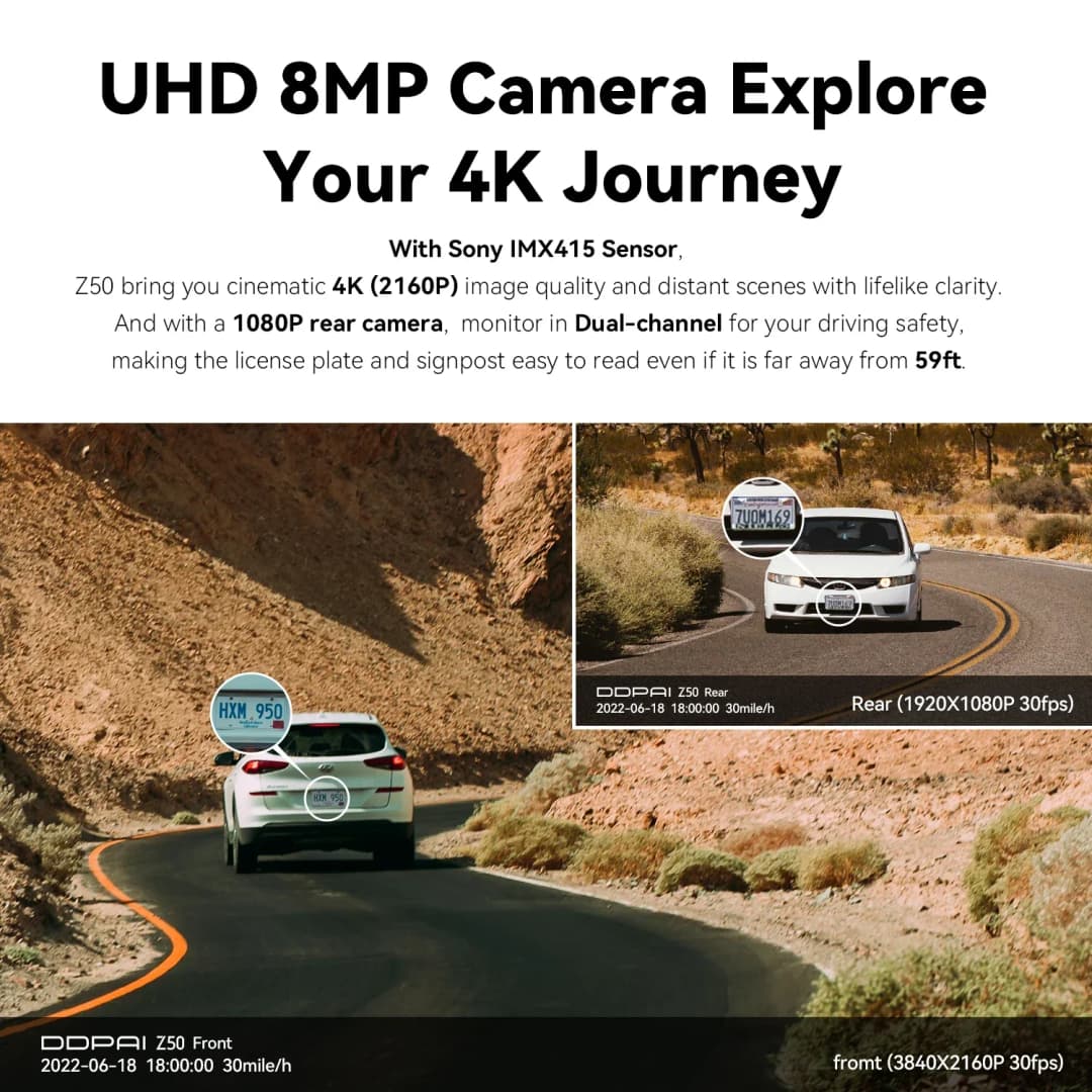كاميرا لوحة القيادة DDPAI Z50 بدقة 4K UHD، أمامية وخلفية، مع واي فاي، GPS، ADAS، وكاميرا مزدوجة تدعم الكاميرا الخلفية - 2