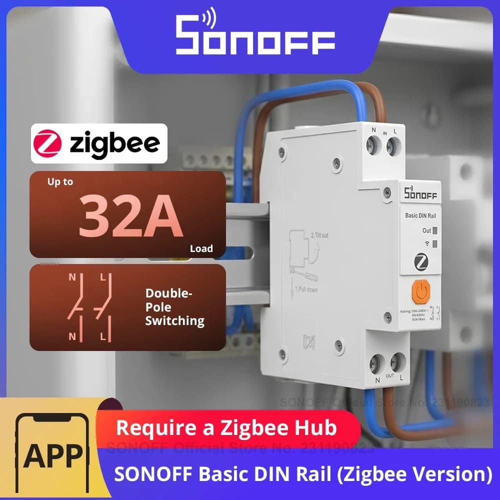 سونوف BASIC-ZB1GSP مفتاح ذكي زيجبي على سكة DIN، 32A، طاقة عالية، تبديل قطبين، تتبع الطاقة، حماية من التحميل الزائد